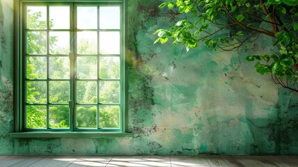 Green wall with window and sunbeams