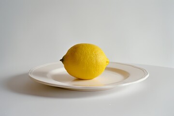 Single Lemon Rests on a White Plate in Soft Natural Light
