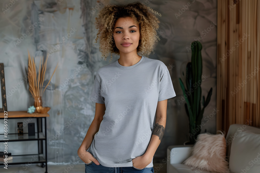 Wall mural Young Woman T-Shirt Mockup, Casual T-Shirt Design Displayed on Young Lady, Stylish T-Shirt Showcase on Young Woman