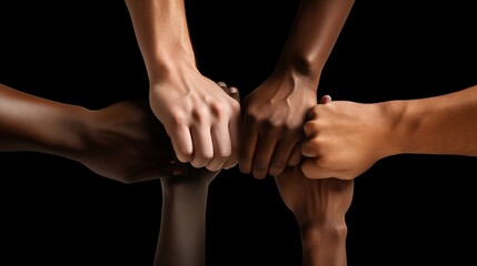 Many hands of different races and ethnicities. United for equality: Diverse youth fighting against discrimination