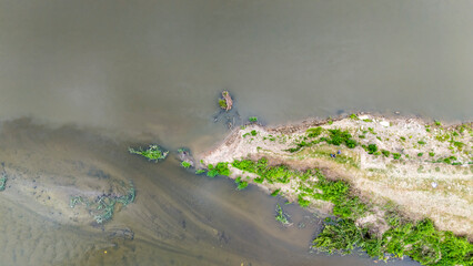 Aerial view of river. Two river merging into one.