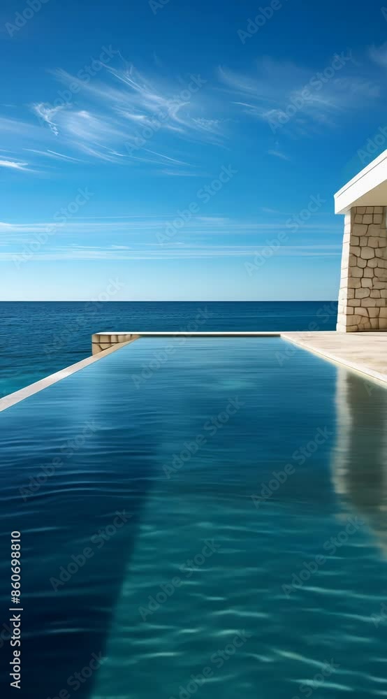 Poster a long pool with a beautiful view of the ocean. the pool is surrounded by rocks and has a white hous