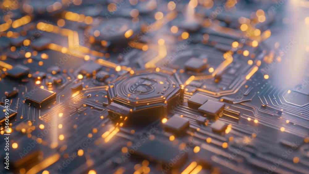 Poster bitcoin symbol etched onto a computer chip, symbolizing cryptocurrency and digital transactions, cre