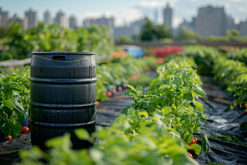 A large rooftop garden or farm in an urban environment with rows of tomato plants and a black barrel. sustainability and urban agriculture, local food production and eco friendly initiatives.