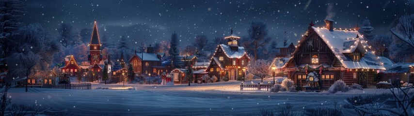 Snowy night scene of a Christmas village with houses decorated with Christmas garlands.
