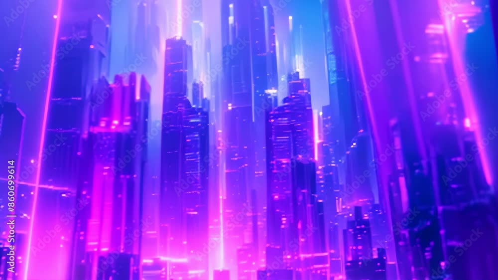 Poster a city with towering skyscrapers glowing with purple and blue lights in a futuristic setting, create