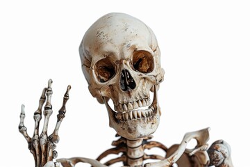 A menacing skeleton portrait on a white isolated background, ready to attack, capturing the horror and thrill of Halloween, perfect for spooky decorations, posters, or themed illustrations. -