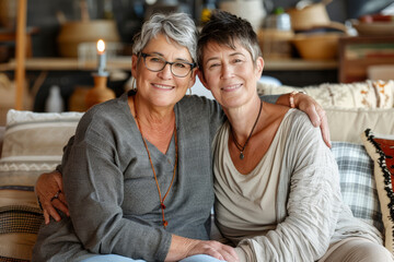 Portrait of an elderly lesbian couple operating a charming bed and breakfast