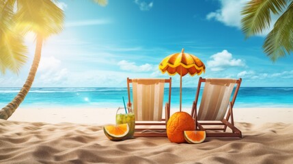 Obraz premium Two lounge chairs under a vibrant yellow umbrella on a pristine beach, with a refreshing drink and orange slice on the sand, set against a stunning blue ocean backdrop.