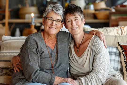 Portrait of an elderly lesbian couple operating a charming bed and breakfast