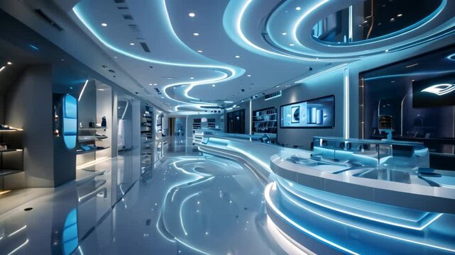 A large room filled with numerous white furniture pieces, creating a bright and airy space, Create a futuristic interpretation of a high-tech flagship store