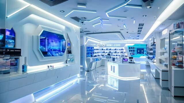 A store interior filled with numerous white shelves and bright lights, Create a futuristic interpretation of a high-tech flagship store
