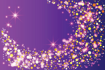 Vector illustration Golden dots stars glowing round frame rays glitter confetti sparkle wave rain falling Copy space Horizontal violet purple background Gold spotlights Bright flash Birthday template