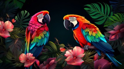 Obraz premium An enchanting image of a pair of colorful parrots amidst lush tropical surroundings, highlighting the vivid beauty and rich biodiversity of rainforest habitats.