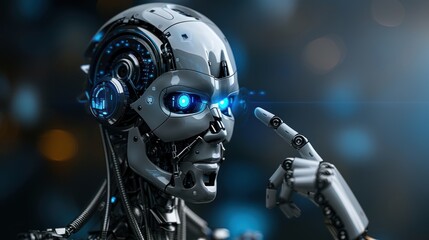 Fototapeta premium Close-up of a robot's face with blue eyes on a blurred background.