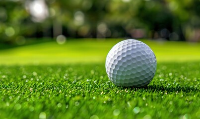 Obraz premium Golf Ball on Green Grass Close-Up. Generative ai