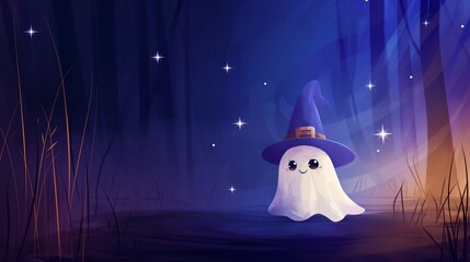 Obraz premium Cute lonely ghost in a witch hat on a night in a mystical forest on Halloween celebrate