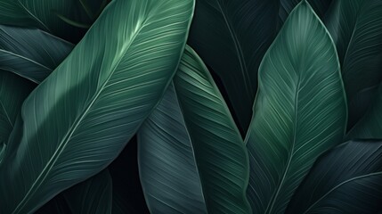 This image features a detailed close-up of vibrant green tropical leaves against a dark background, highlighting the intricate veins and textures of the foliage.
