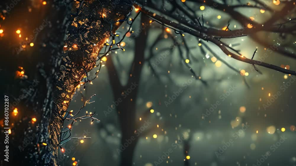 Poster a tree adorned with numerous fairy lights, creating a dazzling and magical display, create a serene 