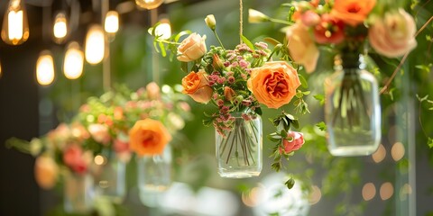 Unique wedding decor with mini vase bouquets hanging from the ceiling. Concept Wedding Decor, Mini Vase Bouquets, Hanging Decor, Unique Design, Ceiling Decor