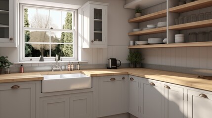 Fototapeta premium Modern bright shaker style kitchen with Belfast sink