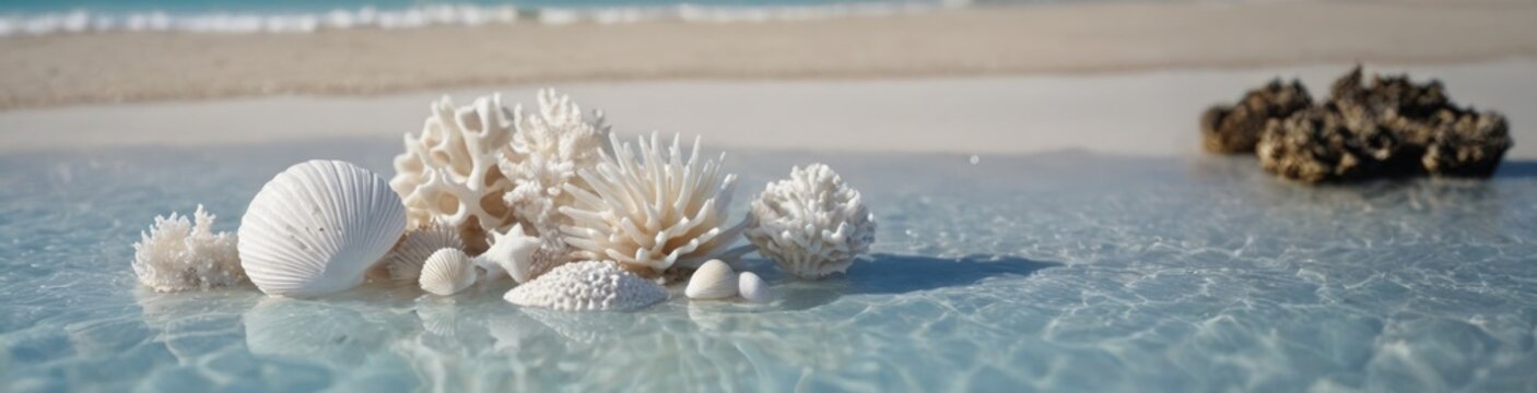 White sand beach scene with seashells, corals and starfishes, set against a blue sky and ocean. Perfect for summer text space.