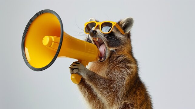  A cute raccoon in sunglasses is yelling into a yellow megaphone