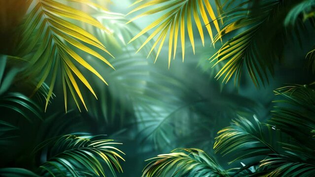 Colorful summer tropical palm leaves with copyspace, trendy summer jungle style floral green pattern background, colors botanical tropical leaves ,sun light and shadows. slow motion footage