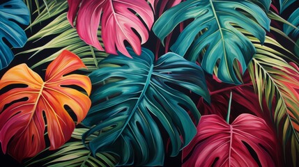 A striking abstract illustration featuring Monstera leaves, rendered in bold and vibrant colors, creating an engaging and visually rich botanical composition