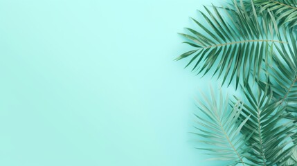 Obraz premium A minimalist image of green tropical leaves arranged over a soft mint backdrop, focusing on natural beauty and simplicity, inviting a peaceful and tranquil perception.