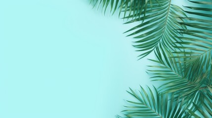 Close-up view of vibrant green palm leaves over a light blue background, showcasing the beauty of nature, ideal for a fresh and summery design theme or decor.