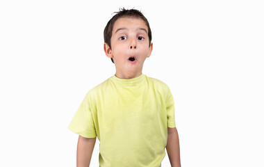 Child making listen gesture with shocked face, looking skeptical and sarcastic, surprised with open...