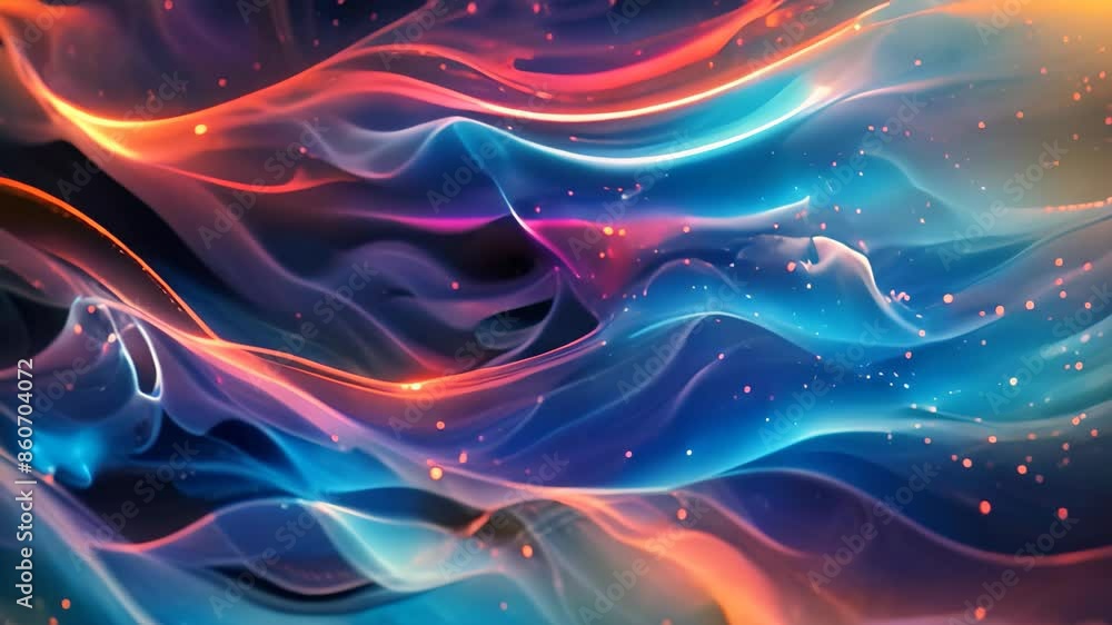 Poster dynamic abstract art featuring flowing blue and orange waves in a vibrant composition, create a virt