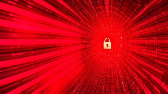 A red lock positioned in the center of a tunnel, Create a visual interpretation of encryption and its role in protecting online communication