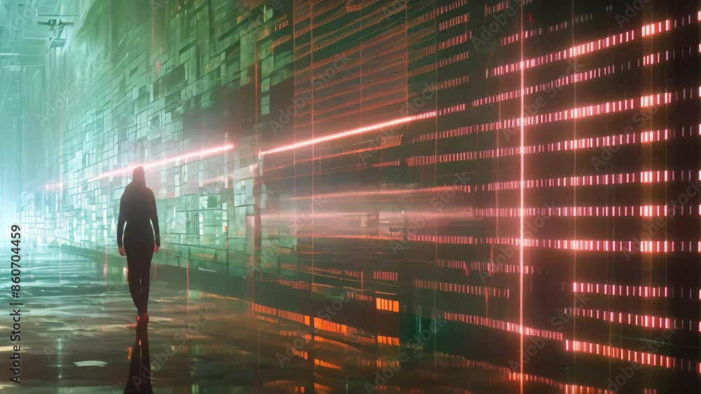 Poster person standing in front of wall of numbers, create a visual interpretation of encryption and its ro