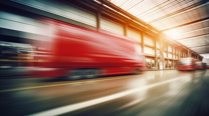 Blurred red delivery trucks moving fast through an industrial warehouse, symbolizing speed and efficiency in logistics and transportation.