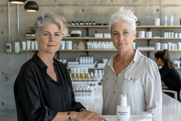 Obraz premium Portrait of a middle-aged lesbian couple who co-founded a successful wellness and lifestyle brand