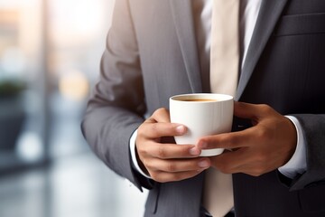 Businessman holding a white coffee cup in an office setting, symbolizing a break or start of the workday with a beverage.