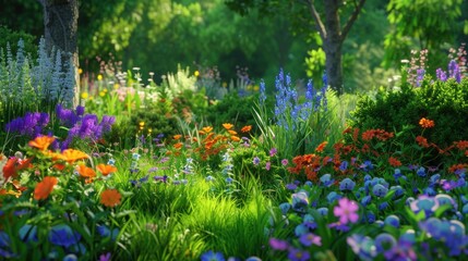 A bright garden scene with a variety of colors in full color. The garden is magnificent and green, with a rich variety of flora.
