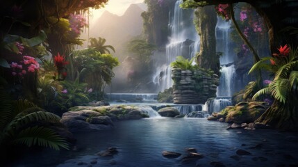 An enchanting waterfall in the heart of a dense forest, featuring pink blossoms, rocky cliffs, and serene water. The sunlight filters through, creating a magical atmosphere.