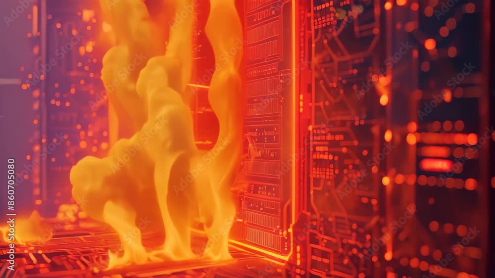 Poster flames engulfing a computer server, causing a dangerous fire hazard, create a visual representation 