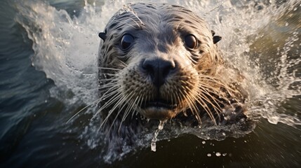 Close-up of a playful otter splashing in water, capturing its lively and curious expression. Perfect for wildlife and nature themes.