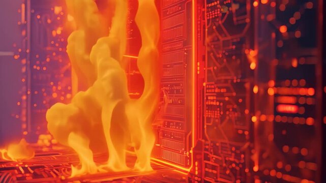 Flames engulfing a computer server, causing a dangerous fire hazard, Create a visual representation of a firewall blocking potentially harmful data from entering a system