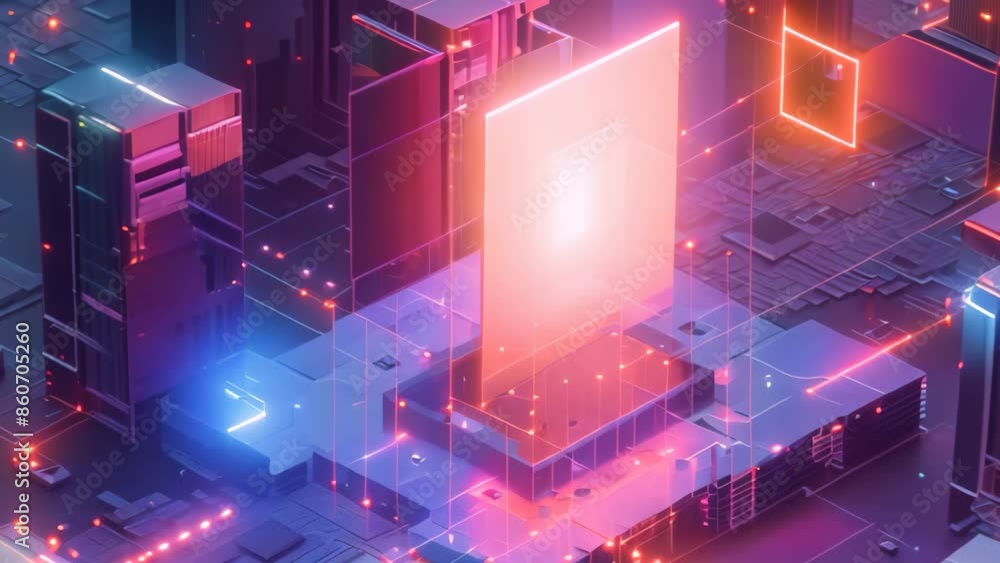 Poster abstract cube standing in urban environment, create a visual representation of a firewall blocking p