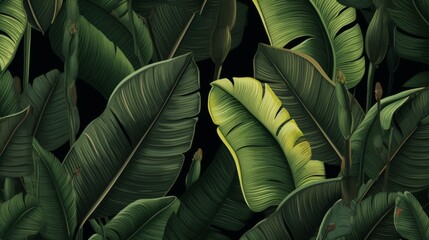 This image is a detailed depiction of a dense arrangement of lush green banana leaves that overlap, creating a vibrant natural pattern full of tropical freshness and vitality.