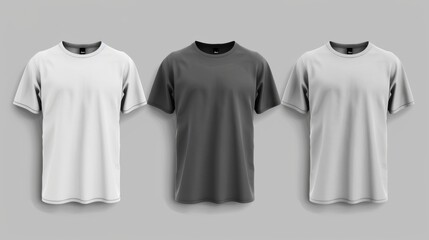 Naklejka premium An image of three t-shirts, featuring one black and two white, displayed on a plain grey backdrop, illustrating simplicity, modernity, and everyday wear.