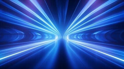 This image depicts bright blue light beams converging towards a distant point inside a tunnel, creating an impression of speed, motion, and futuristic travel.