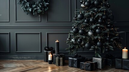 Christmas tree with black balls and black gifts. New Year's decor with a Christmas tree, balls, candles and gifts. Postcard for Christmas or New Year.