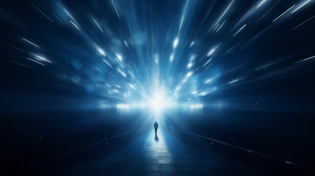 A lone individual walks towards a luminous point in a dark, futuristic tunnel, symbolizing journey, hope, and the pursuit of a brighter future.