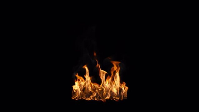 Slow motion patch of burning fiery flames in the center of the frame, 4k 25p with ALPHA CHANNEL for transparent background